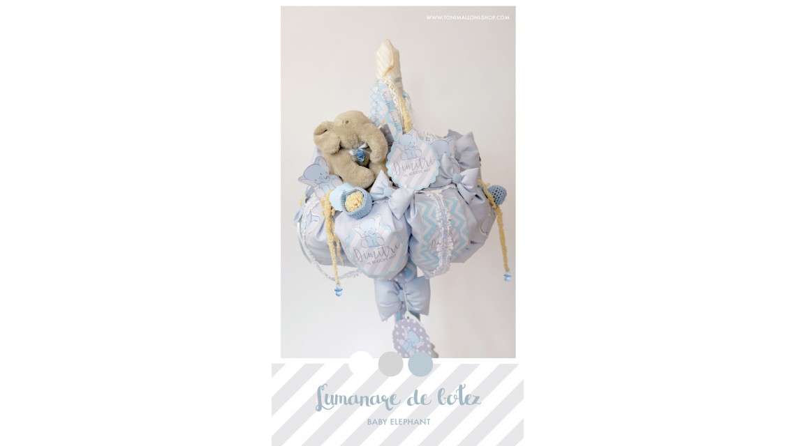Lumanare de botez cu elefanti pentru baieti, 65x4 cm, Elefantul Cici 7